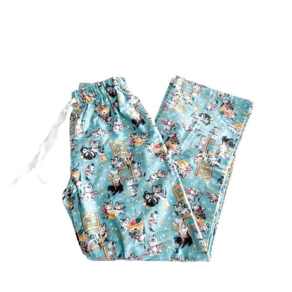 PJ Zzzz Womens Lounge Pajama Pants Flannel Drawstring Cats Kitten Blue XS - Picture 1 of 9